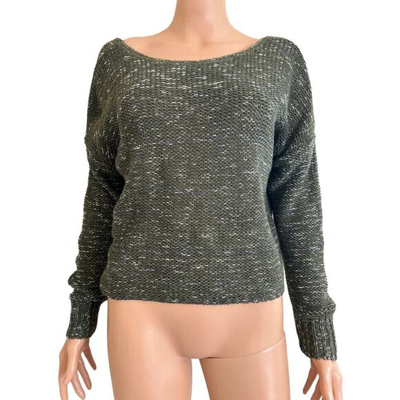 Abound olive green sweater twisted back knot loose knit crew neck SZ MD EUC - Picture 4 of 8